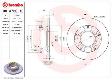 Гальмівний диск зад. Transit 06- (280x69mm) BREMBO 08.A730.10 (фото 1)