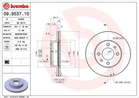 Тормозной диск BREMBO 09.9537.10