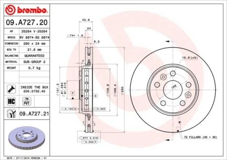 Диск тормозной BREMBO 09.A727.21