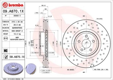 Тормозной диск BREMBO 09.A870.1X