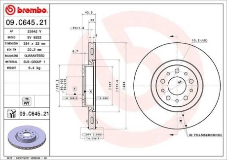 Диск тормозной BREMBO 09.C645.21