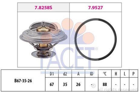 Термостат BMW 3(E30/E36)/5(E34)/Volvo 940 1.6-2.8 87-00 (88C) с прокладкой (7.8258) FACET 78258