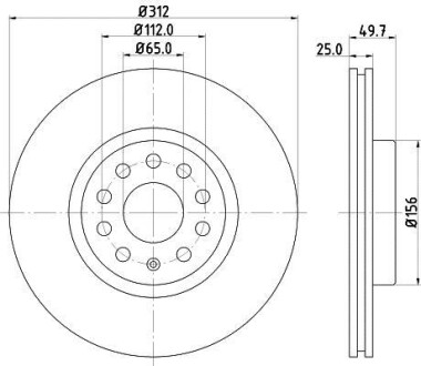 Гальмівний диск перед. Caddy III/IV/Golf/Jetta/Passat/Octavia 05- (312x25) HELLA 8DD355109-521