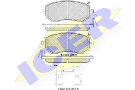Колодки гальмівні (передні) Toyota GT 86 12-/Subaru Forester/Impreza/Legace V/Outback/XV 07- ICER 182199