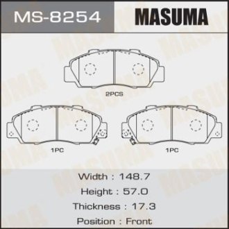 Колодки гальмівні передні Honda Accord (-02), Civic (-00), CR-V (-01), HR-V (-06), Legend (-04) (MS-8254) MASUMA MS8254