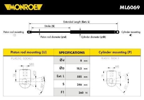 Газова пружина, капот MONROE ML6069