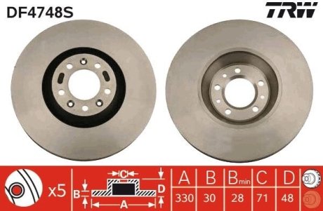 Диск тормозной PEUGEOT 407/607 "F D=330mm "04-10 TRW DF4748S