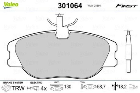 Тормозные колодки дисковые CITROEN/FIAT/LANCIA/PEUGEOT Jumpy/Scudo/806/Expert "1,6-2,1 "F "94-06 Valeo 301064