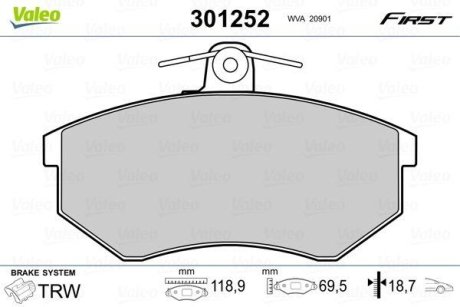 Гальмівні колодки дискові SEAT/VW Cordoba/Ibiza/Toledo/Caddy/Golf/Passat/Vento "1,4-2,9 "F "88-04 Valeo 301252