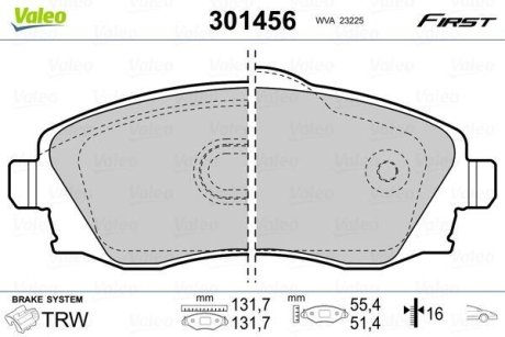 Тормозные колодки дисковые OPEL Combo/CorsaC/Meriva/Tigra "1,0-1,8 "F "00-10 Valeo 301456