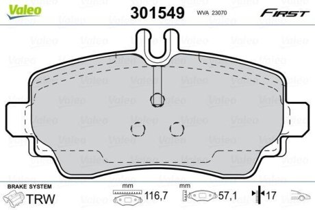 Тормозные колодки дисковые MERCEDES A-Class "1,4-2,1 "F "97-04 Valeo 301549