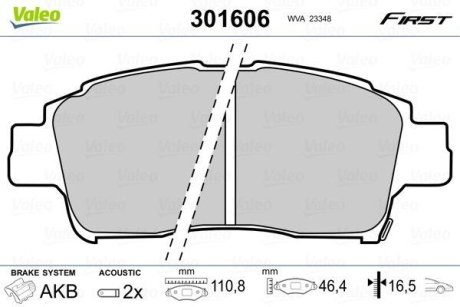 Гальмівні колодки дискові TOYOTA Yaris "1,0-1,4 "F "99-05 Valeo 301606