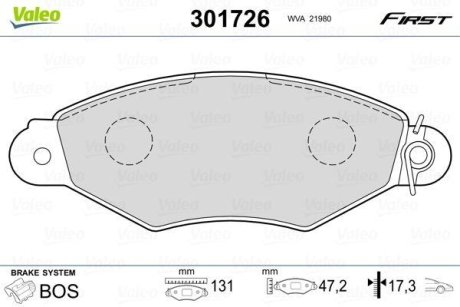 Тормозные колодки дисковые CITROEN/NISSAN/PEUGEOT/RENAULT Xsara/Kubistar/Kangoo "1,2-1,9 "F "93>> Valeo 301726