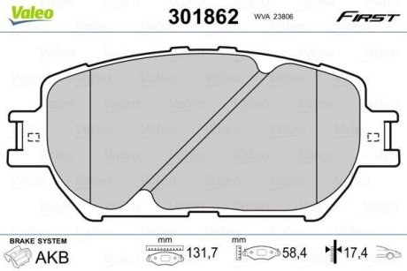 Тормозные колодки дисковые TOYOTA Camry "2,4-3,0 "F "01-06 Valeo 301862